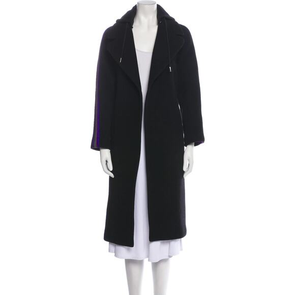 SANDRO Paris Black Wool Belted Detachable Hood Long Coat Size 40 - Picture 5 of 8